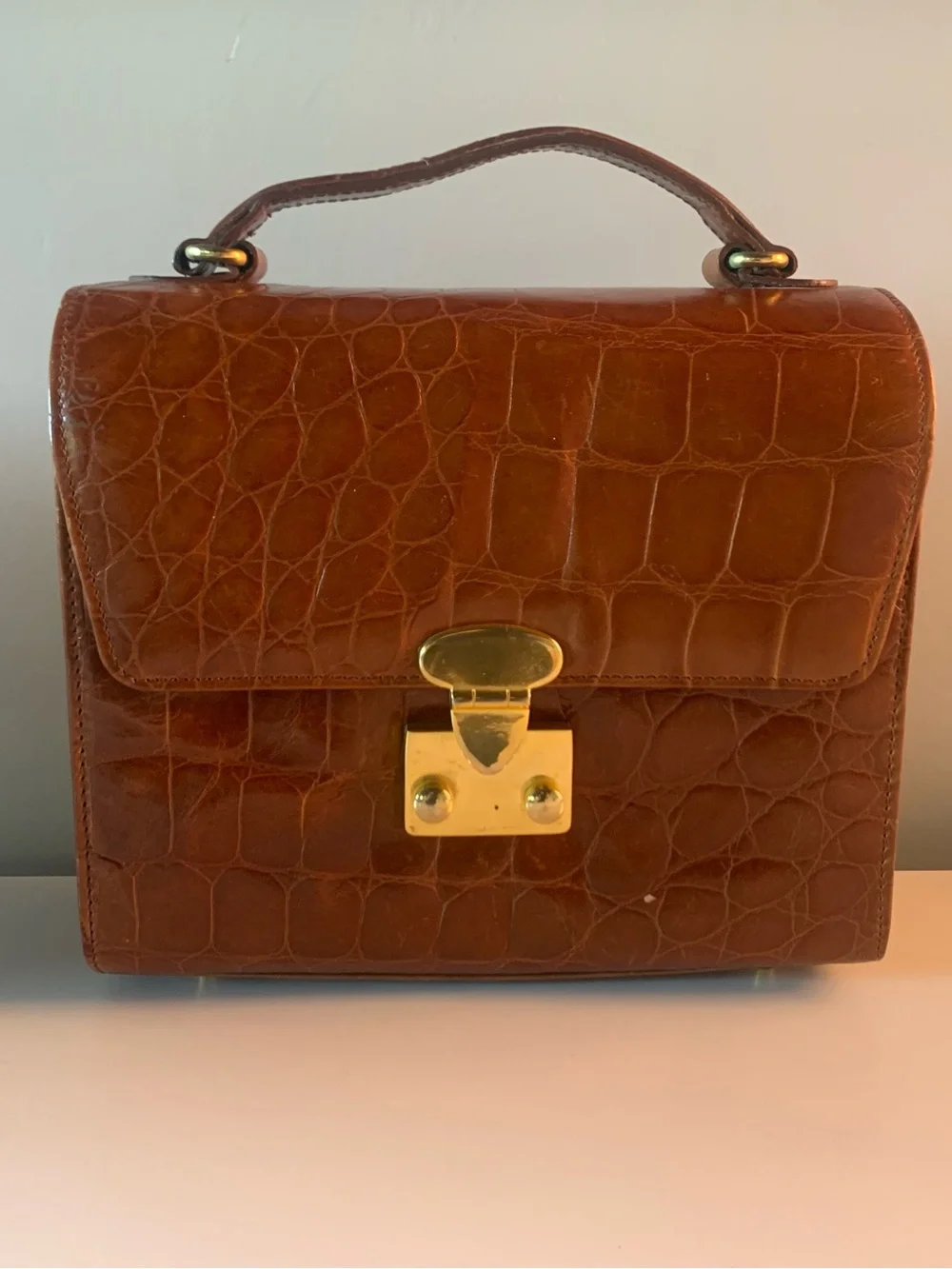 Talbots Structured Croc-Embossed Satchel in Brown. Gold hardware.